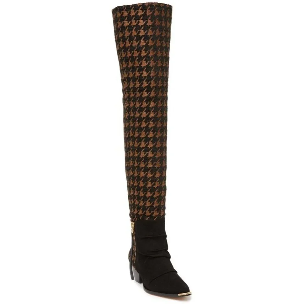 Schutz Tenia Boots Black Suede Houndstooth Tweed Over The Knee NEW $575